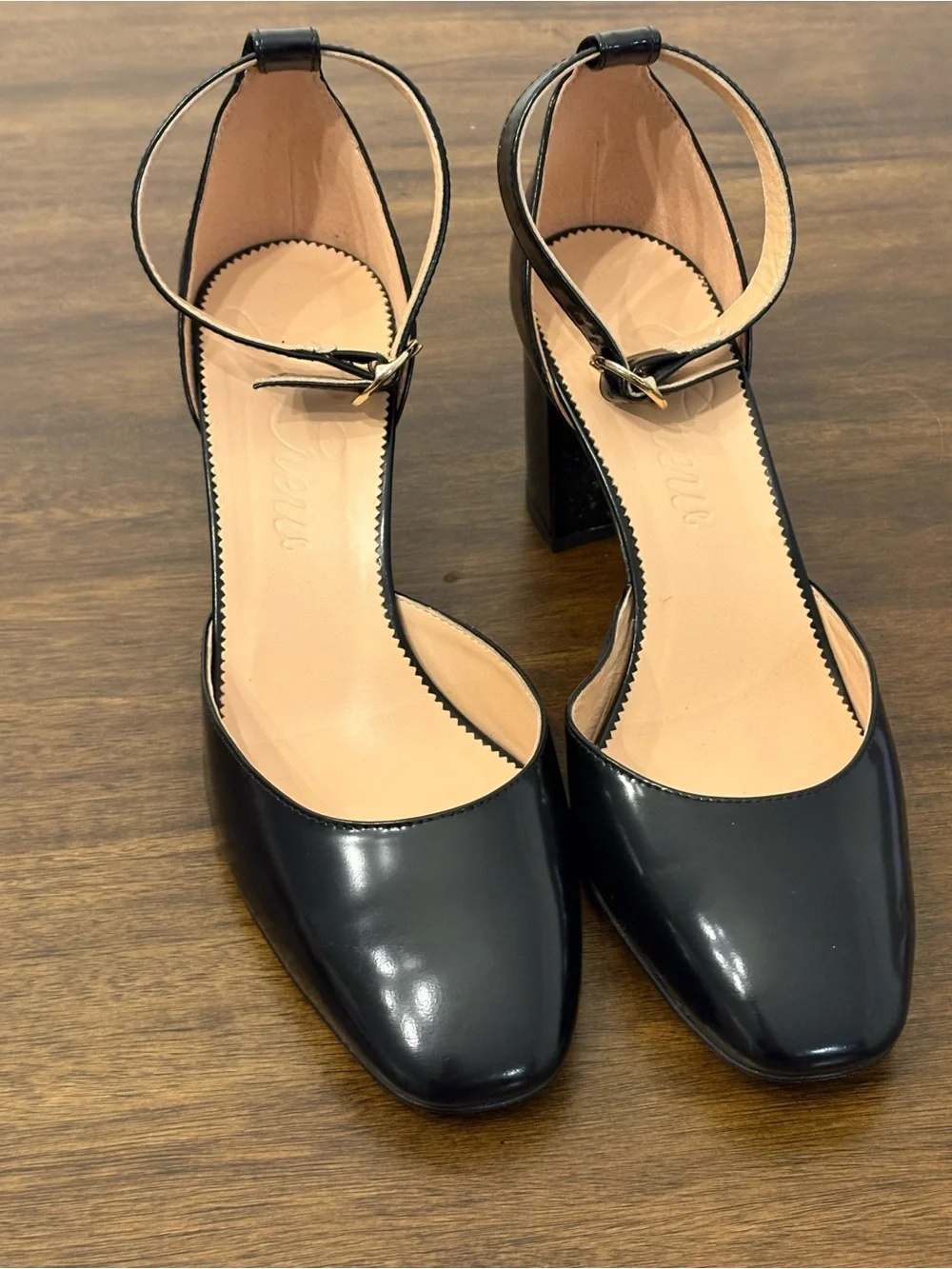 J.Crew Maisie Ankle-strap heels in black with gold buckle, block heel. Preppy